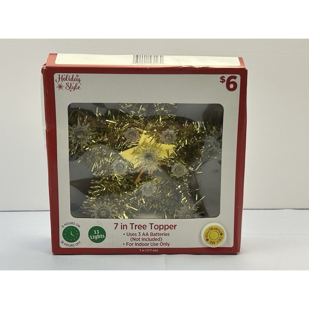 Holiday Style 7" Lighted Christmas Tree Topper Gold Tinsel Star 11 LED Lights